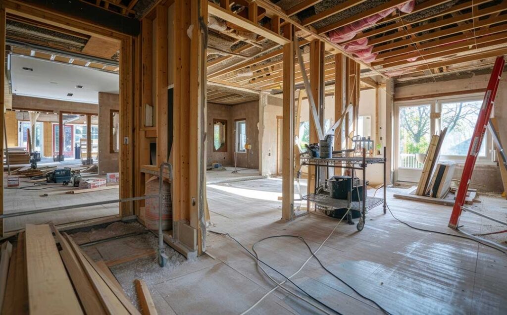 A homeowner and contractor reviewing renovation plans and notes together at a kitchen table.
